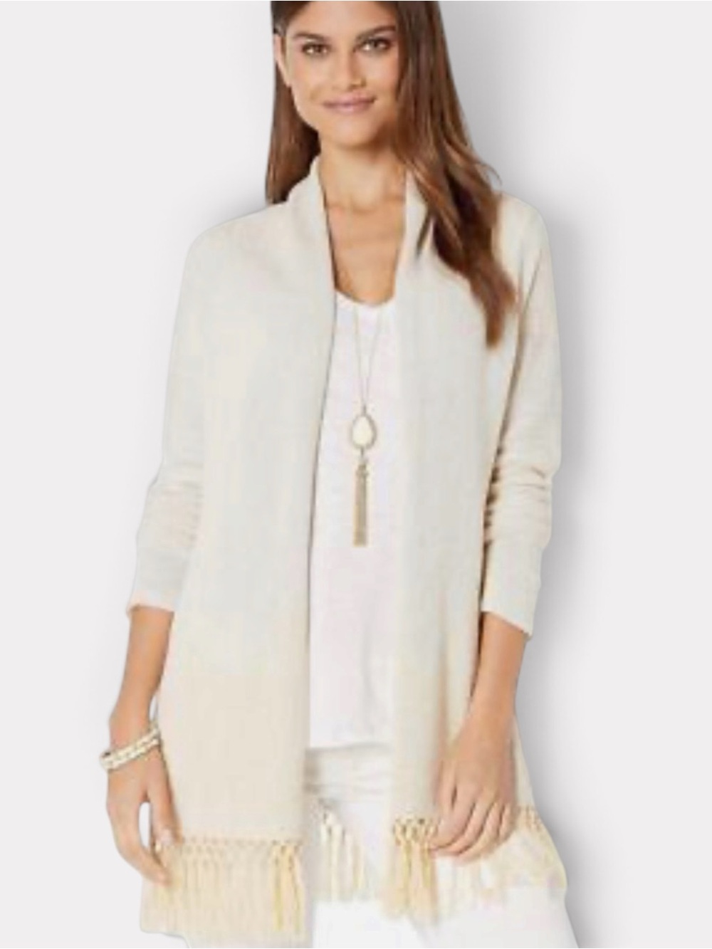 Lilly Pulitzer Tatum Long Fringe Hem Cardigan S Ivory Gold Metallic Boho Resort